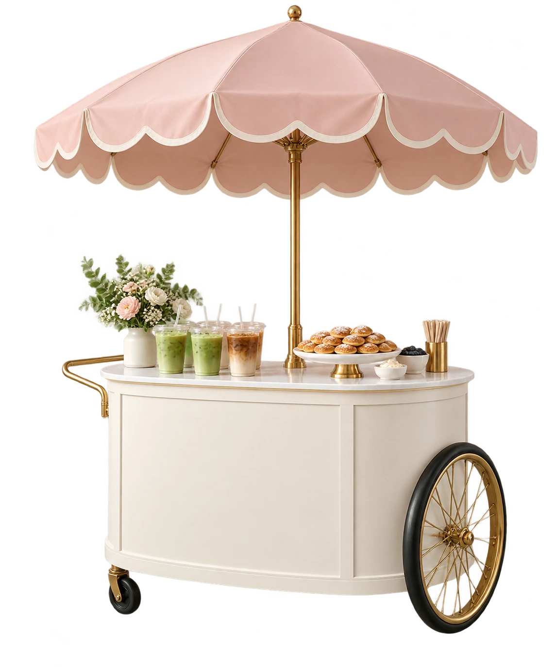 Sfeerimpressie van een witte Sips & Treats-bar met roze parasol