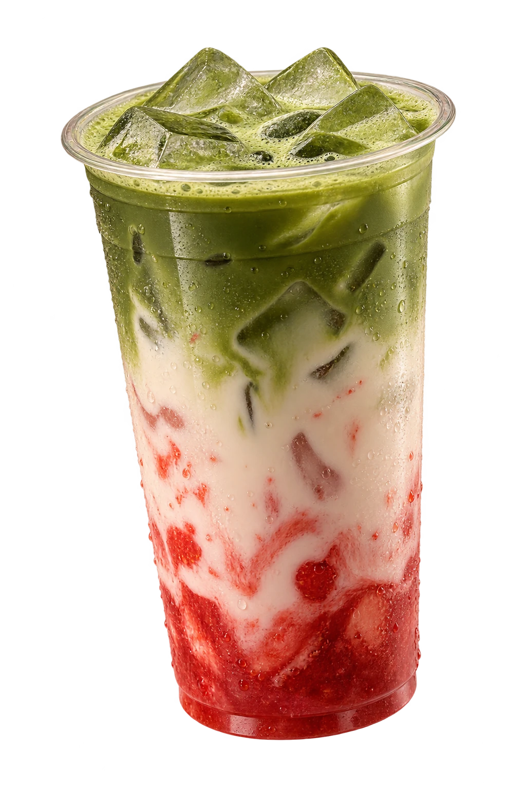 IJskoude strawberry matcha met laagjes aardbei, melk en groene matcha