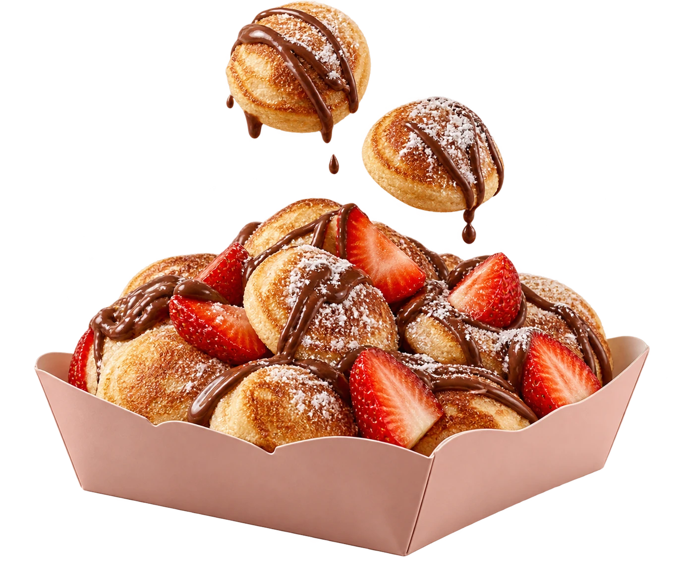 Warme goudbruine poffertjes met chocoladesaus, poedersuiker en verse aardbeien